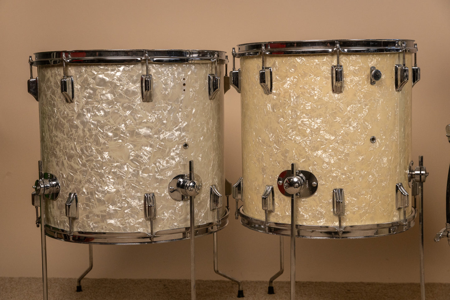 Vintage Rogers White Marine Pearl Drum Set 14x24 9x13 16x16 and 16x18