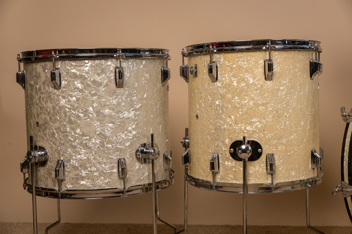 Vintage Rogers White Marine Pearl Drum Set 14x24 9x13 16x16 and 16x18