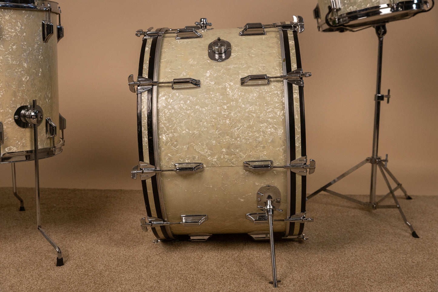 Vintage Rogers White Marine Pearl Drum Set 14x24 9x13 16x16 and 16x18