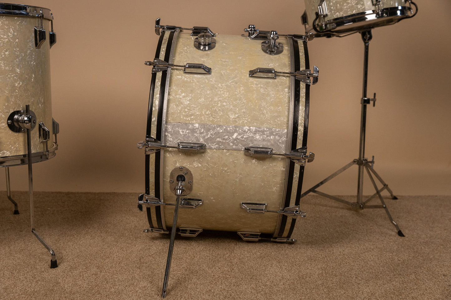 Vintage Rogers White Marine Pearl Drum Set 14x24 9x13 16x16 and 16x18