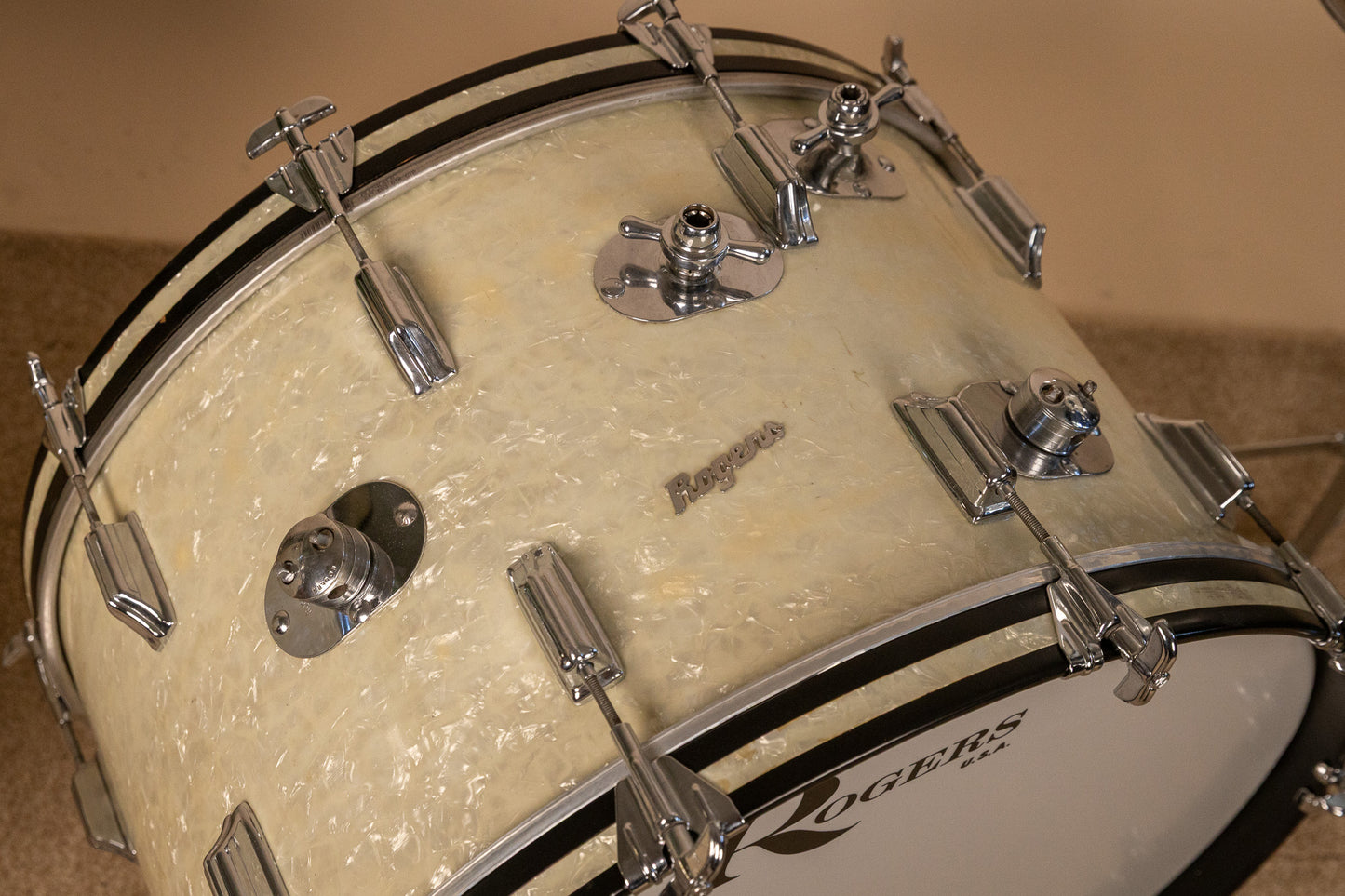 Vintage Rogers White Marine Pearl Drum Set 14x24 9x13 16x16 and 16x18