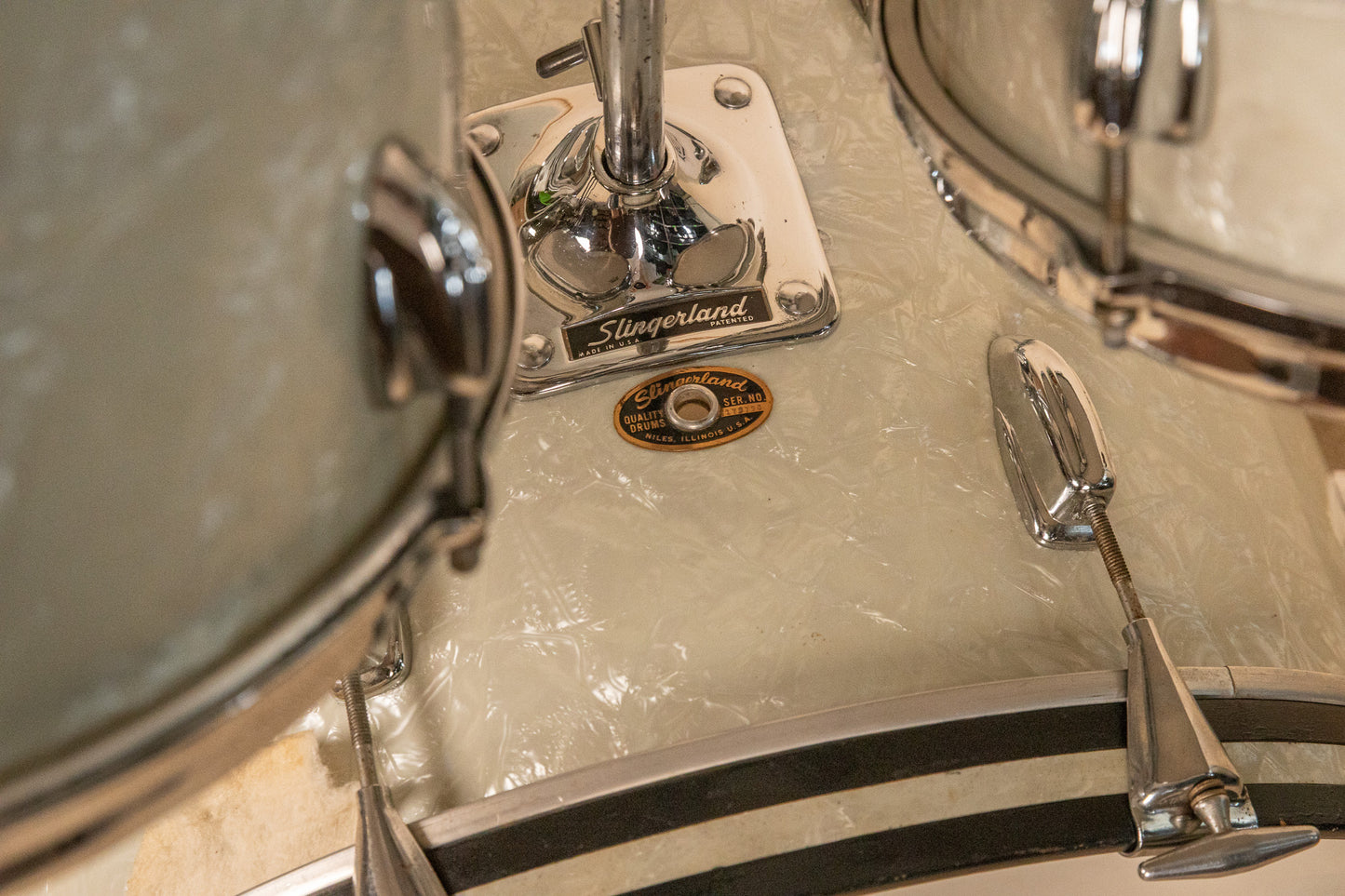 1960s Slingerland Modern Solo White Marine Pearl Drum Set