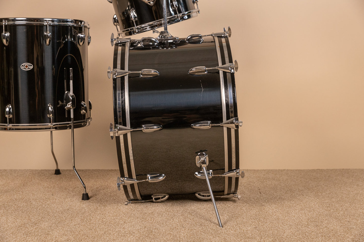 1970s Slingerland Black Chrome Drum Set 14x24 9x13 and 16x16