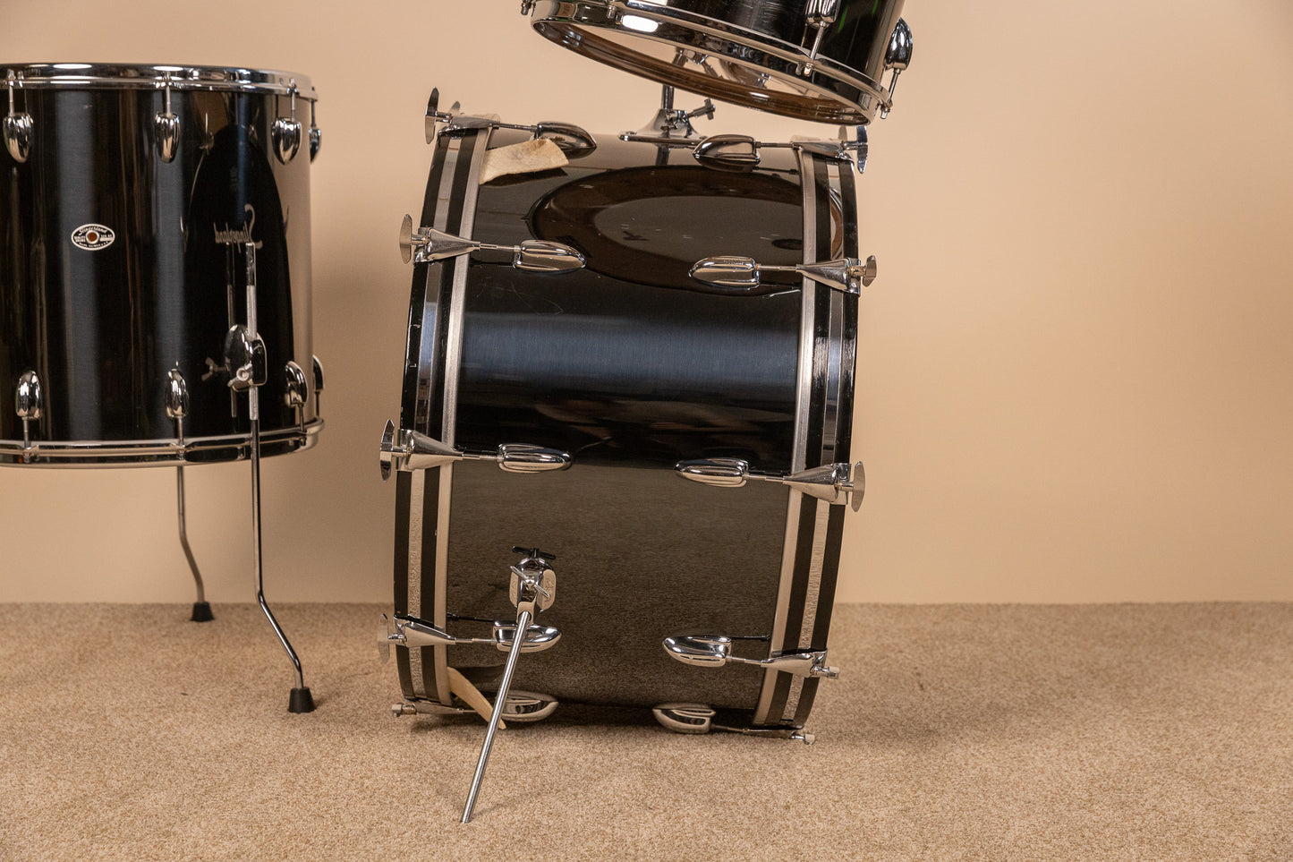 1970s Slingerland Black Chrome Drum Set 14x24 9x13 and 16x16