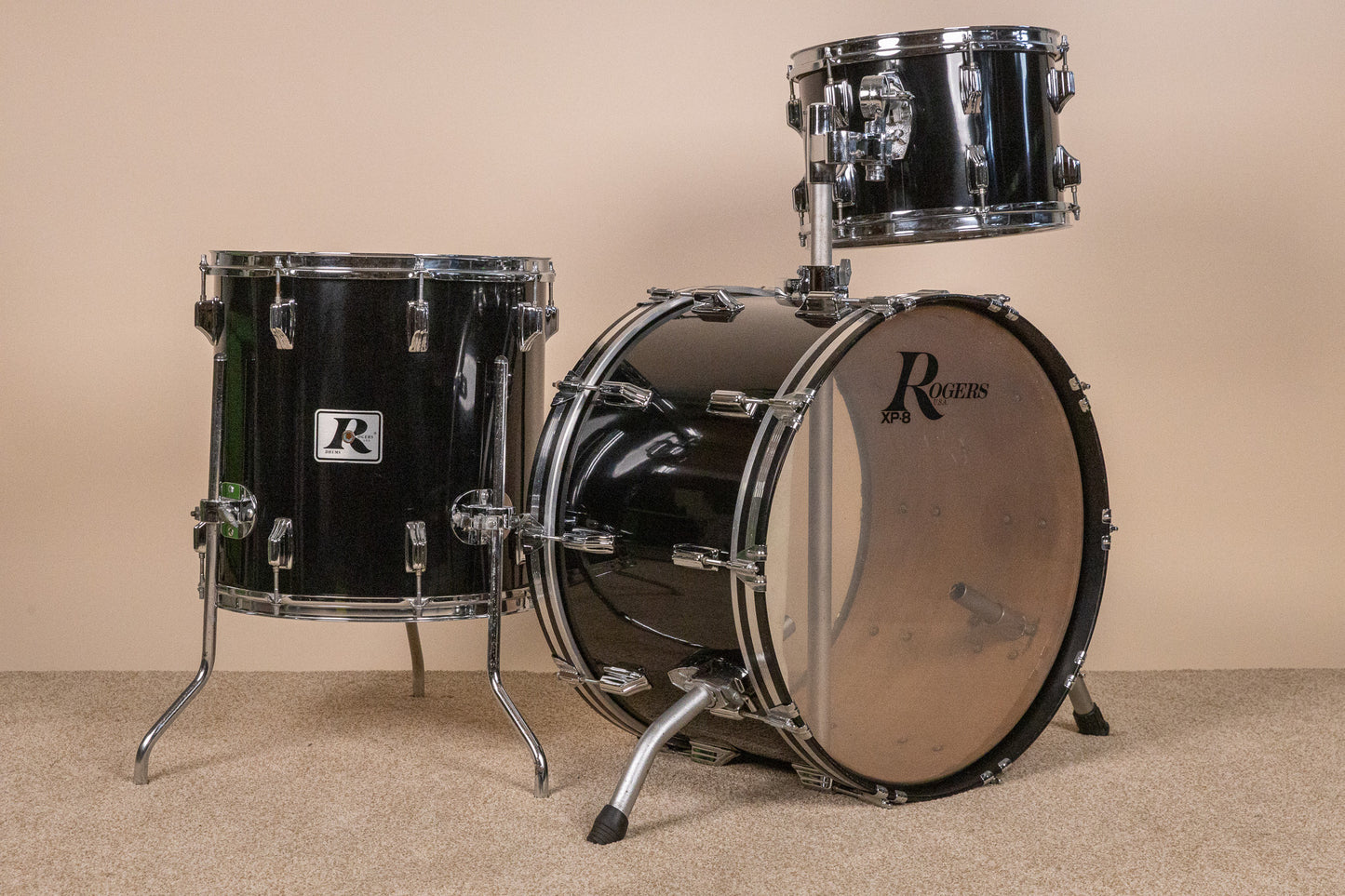 1980s Rogers XP-8 Jet Black Drum Pearl Drum Set 14x22 9x13 and 16x16