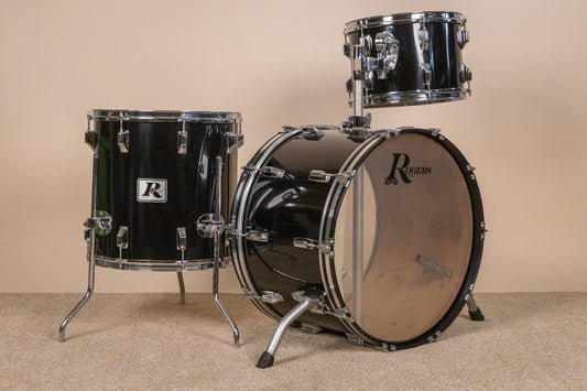 1980s Rogers XP-8 Jet Black Drum Pearl Drum Set 14x22 9x13 and 16x16