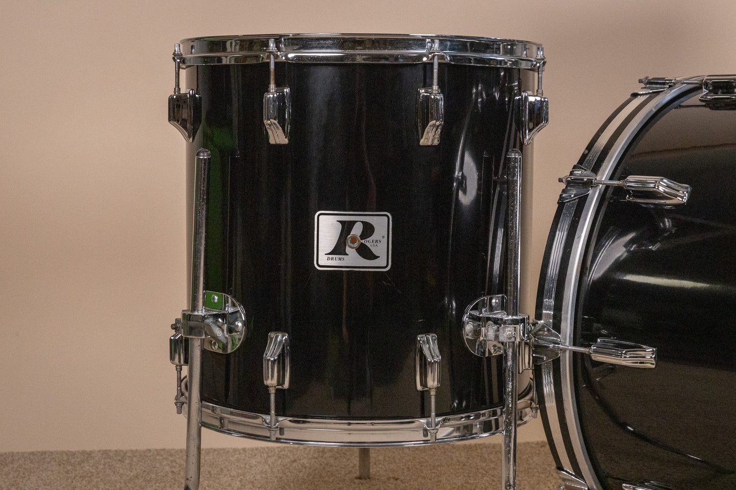 1980s Rogers XP-8 Jet Black Drum Pearl Drum Set 14x22 9x13 and 16x16