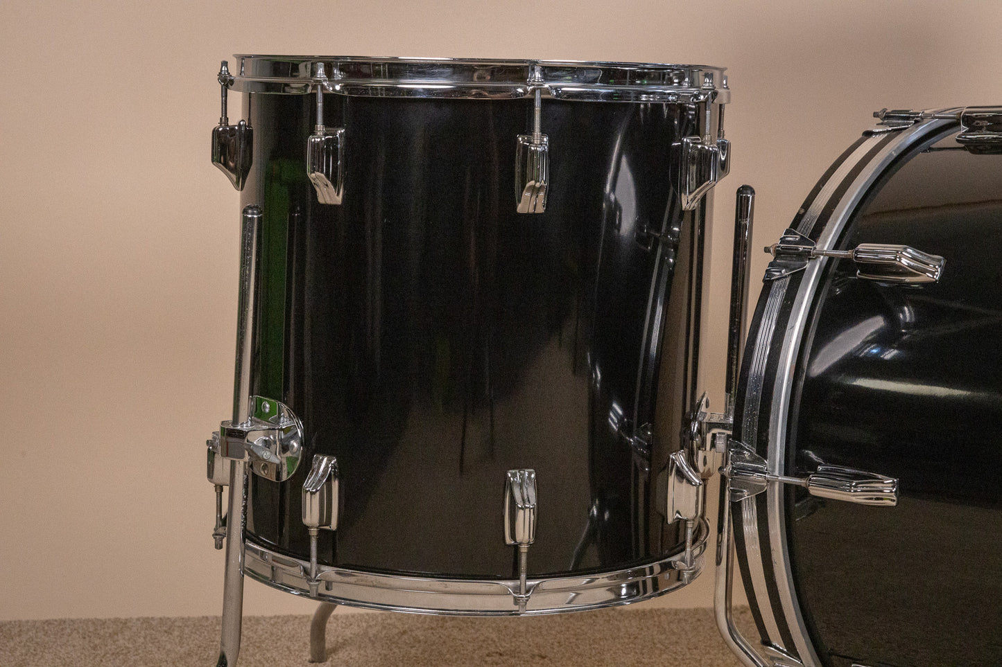1980s Rogers XP-8 Jet Black Drum Pearl Drum Set 14x22 9x13 and 16x16