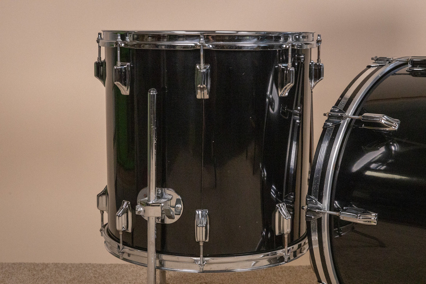 1980s Rogers XP-8 Jet Black Drum Pearl Drum Set 14x22 9x13 and 16x16
