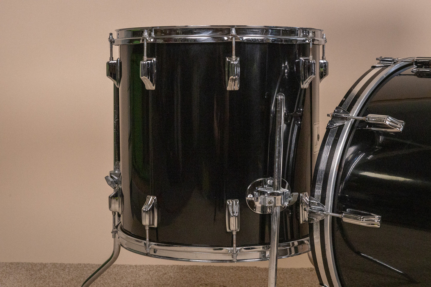 1980s Rogers XP-8 Jet Black Drum Pearl Drum Set 14x22 9x13 and 16x16