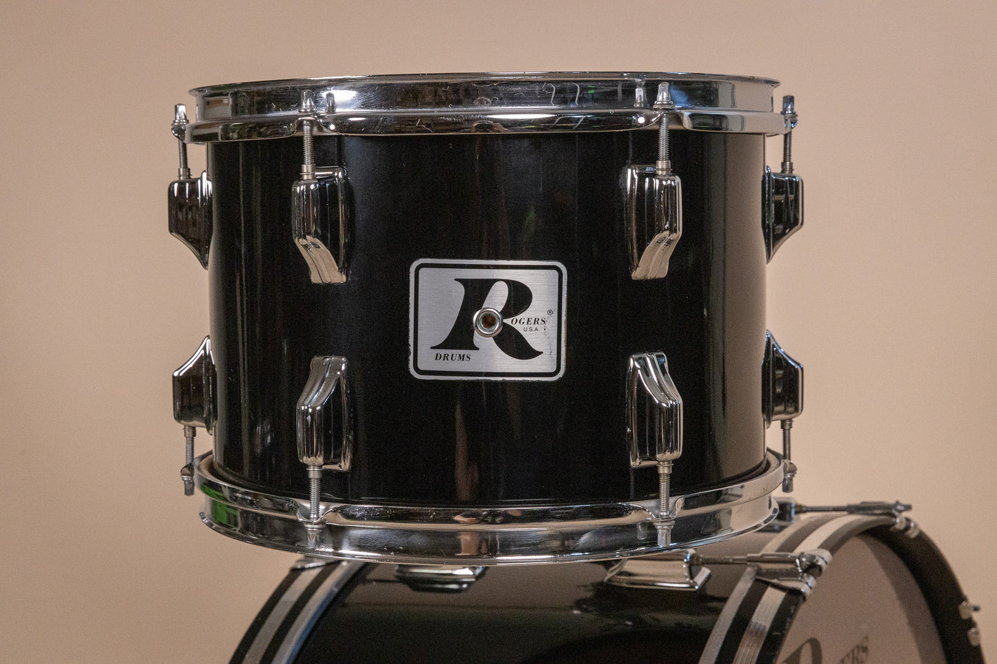 1980s Rogers XP-8 Jet Black Drum Pearl Drum Set 14x22 9x13 and 16x16