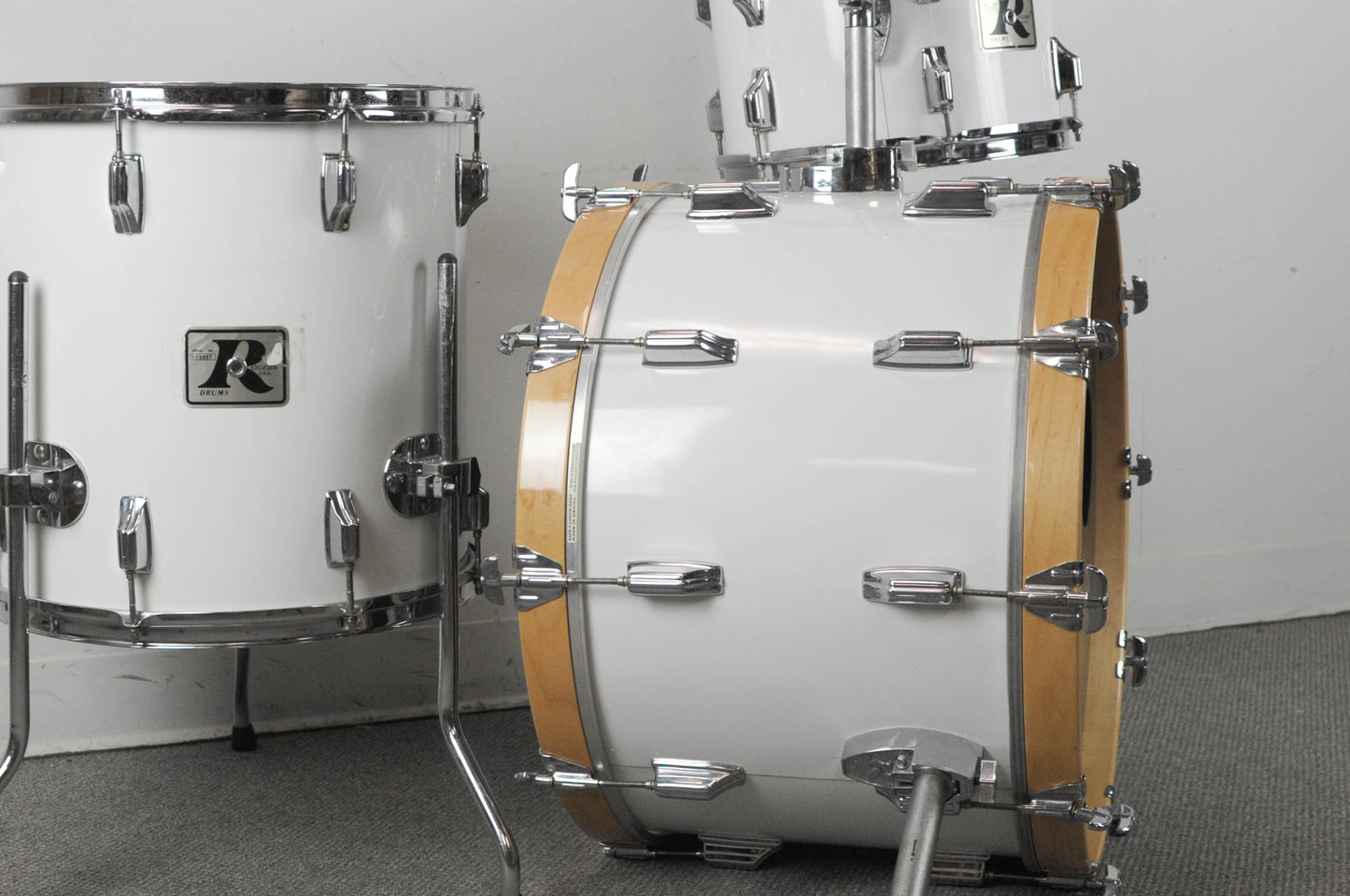 1970s Rogers Big R New England White Drum Set 14x22 9x13 and 16x16