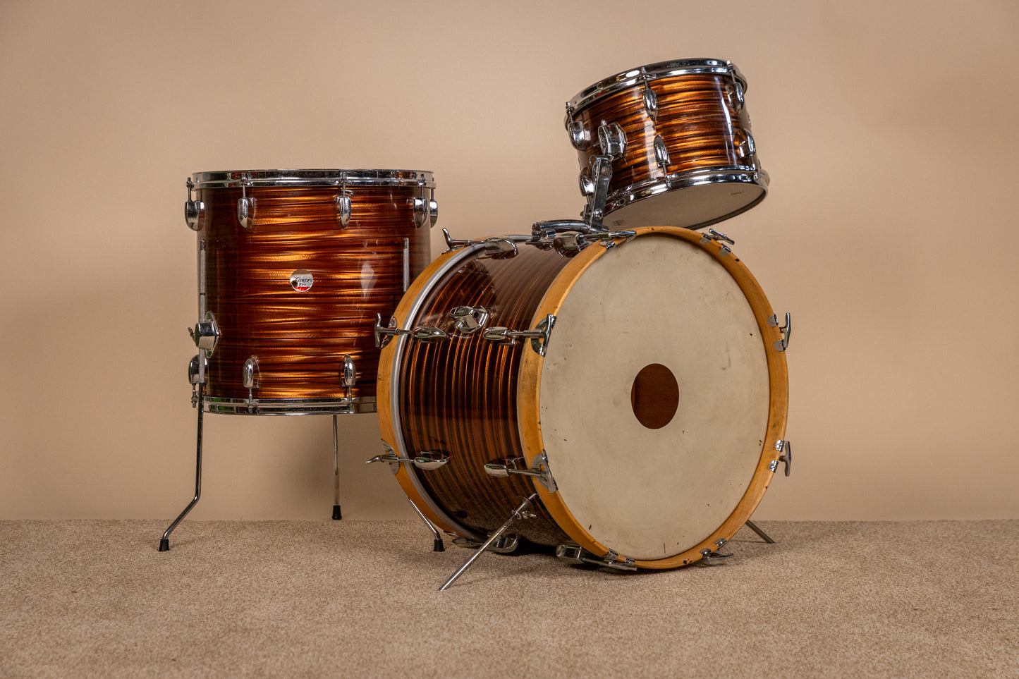 1970s Tempro Tiger Eye's Pearl Drum Set 14x20 8x12 and 16x16