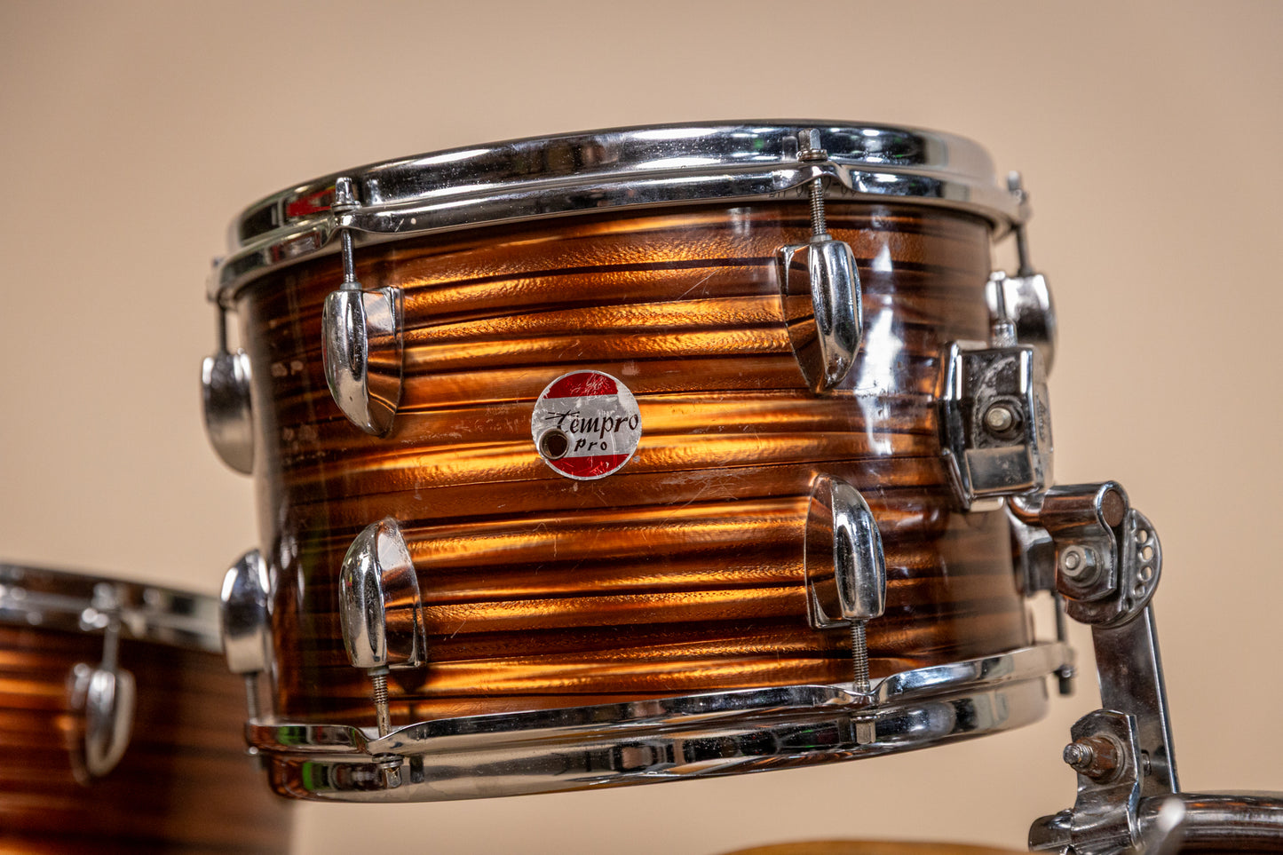 1970s Tempro Tiger Eye's Pearl Drum Set 14x20 8x12 and 16x16