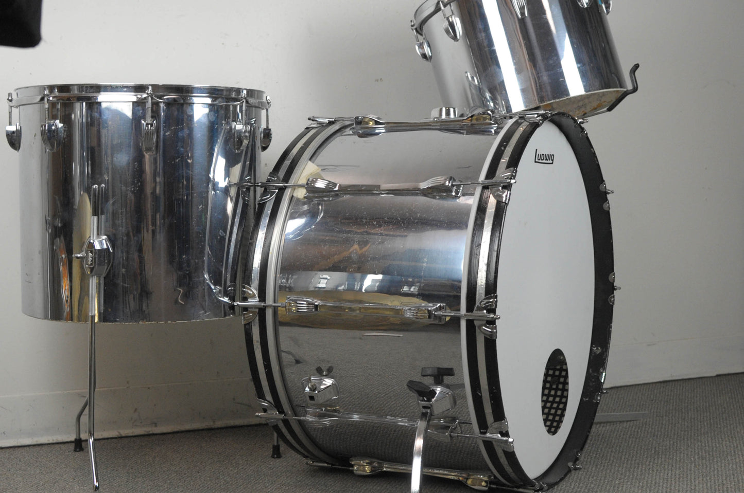 1970s Ludwig Chrome Over Wood 14x24 10x14 and 14x16 Drum Kit