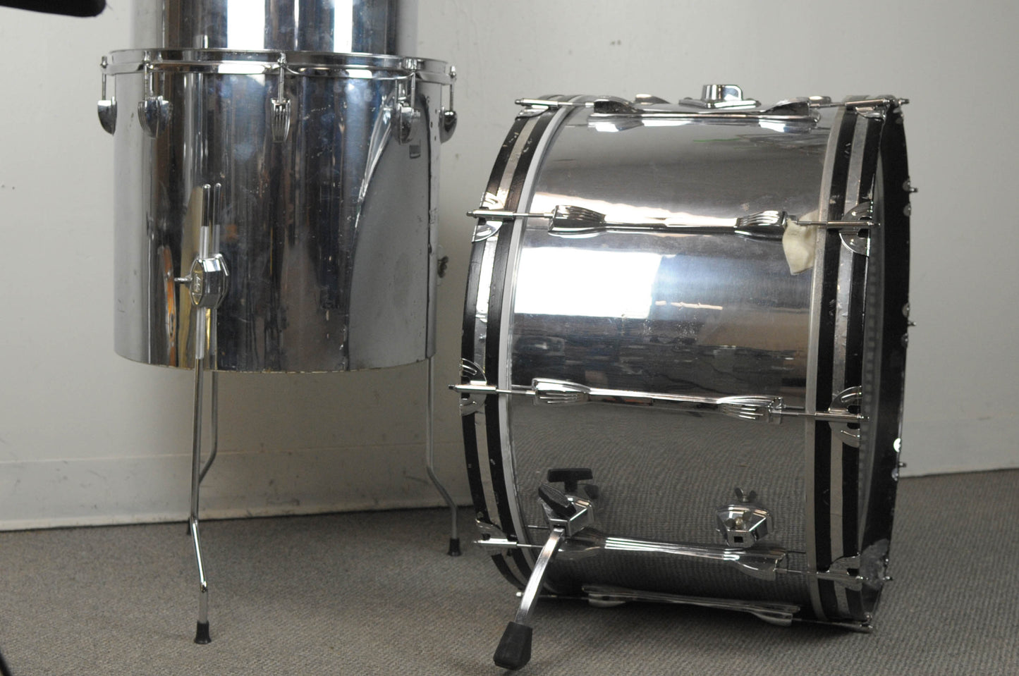 1970s Ludwig Chrome Over Wood 14x24 10x14 and 14x16 Drum Kit